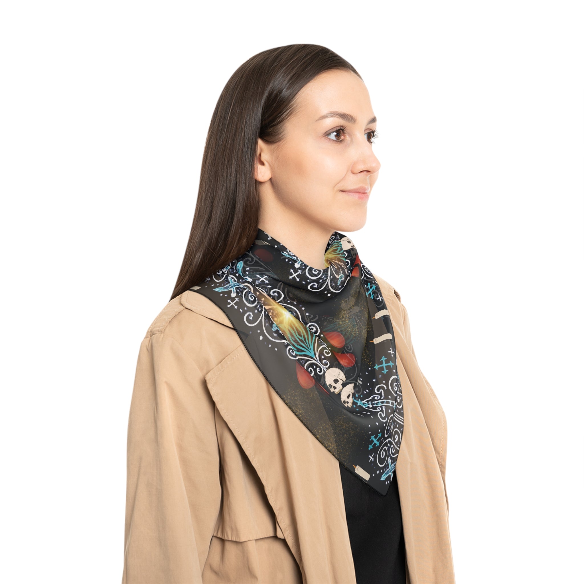 Mystical Skull Poly Scarf, Gothic Style Scarf, Festival Accessory, Boho Fashion, Unique Gift for Her, Halloween Attire